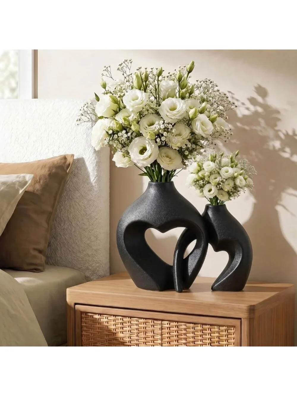 Set of 2 Black Heart Shaped Ceramic Vases - Minimalist Home Decor for Table